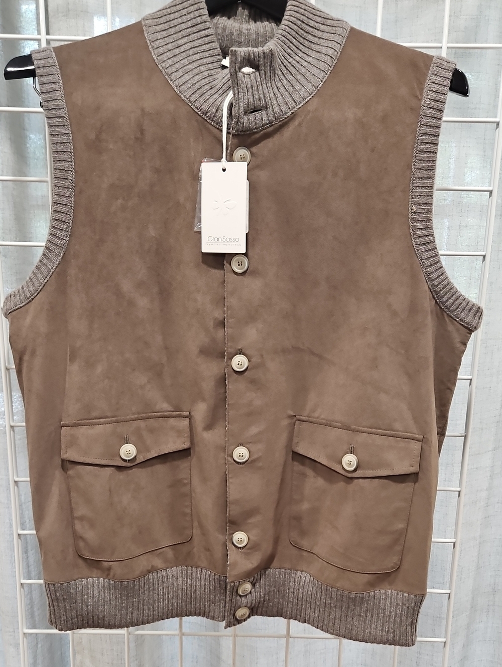 Gran Sasso Taupe Suede Knit-Trim Button Vest Gorgeous